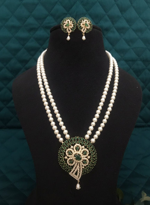 Aganya kreation Real pearl set Tanishka Elegant Freshwater Pearl Mala Set with Statement Pendant Emerald green and white