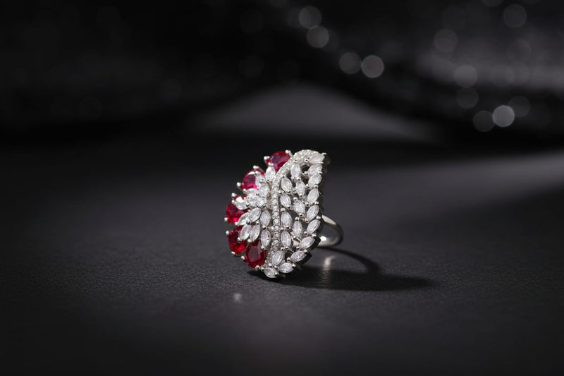 Aganya kreation Rings Ramaya Cocktail Ring - Elegant Silver Tone Adjustable Design Red Ruby Stone