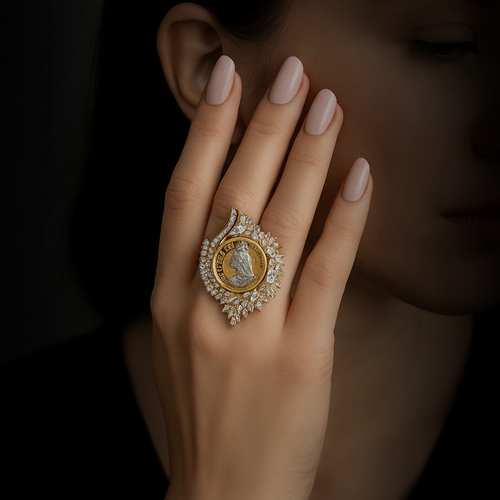 Vintage Ginni Diamond Ring by Aganya Kreation — AAA+ cubic zirconia ring with intricate Ginni detailing, dual-tone 18k gold and silver plating on pure brass, antique vintage style