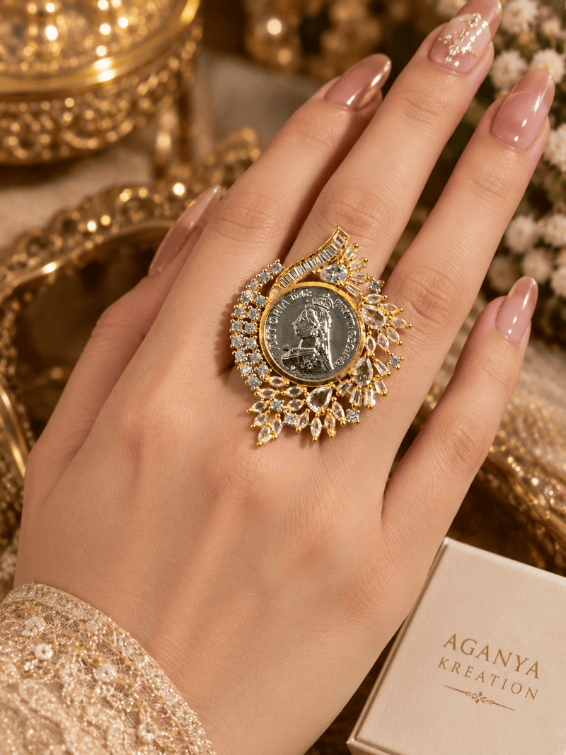 Aganya kreation Rings Vintage Ginni Diamond Ring — AAA+ CZ, Dual-Tone Gold & Silver, Repolishable Brass