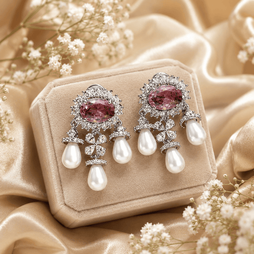 Aganya kreation Vritika Three Layered Pearl Styled Oval Drop Statement Earrings