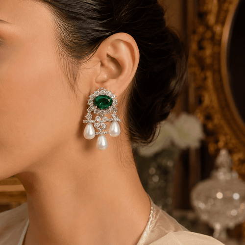 Aganya kreation Vritika Three Layered Pearl Styled Oval Drop Statement Earrings