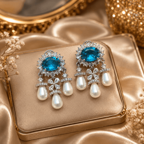 Aganya kreation Vritika Three Layered Pearl Styled Oval Drop Statement Earrings Aqua blue (Silver Plated)