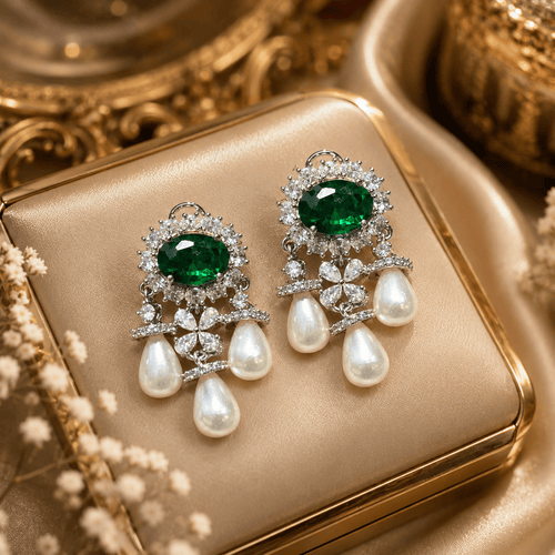 Aganya kreation Vritika Three Layered Pearl Styled Oval Drop Statement Earrings Dark green(Silver plated)