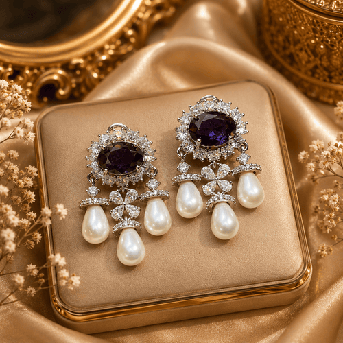 Aganya kreation Vritika Three Layered Pearl Styled Oval Drop Statement Earrings Dark purple (Silver  Plated)