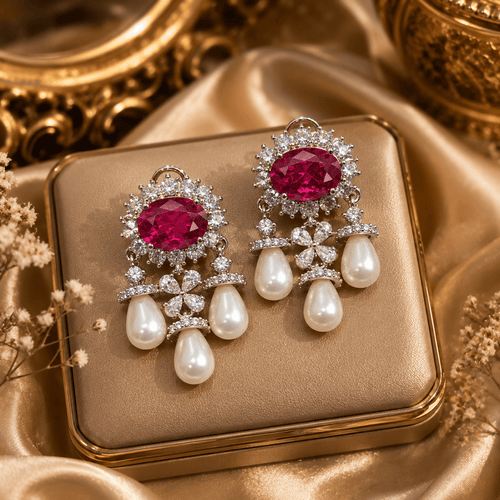 Aganya kreation Vritika Three Layered Pearl Styled Oval Drop Statement Earrings Rani pink (Silver plated)