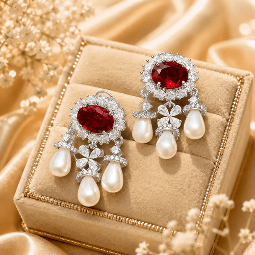 Aganya kreation Vritika Three Layered Pearl Styled Oval Drop Statement Earrings Wine Red (Silver Plated)