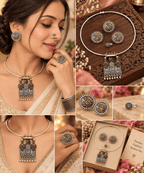 Aroshika Premium Dual Tone Hasli Jewellery Set with Oxidised Earrings, Adjustable Nose Pin, Statement Ring & Wide Bangle – Traditional Indian Ethnic Jewellery Combo