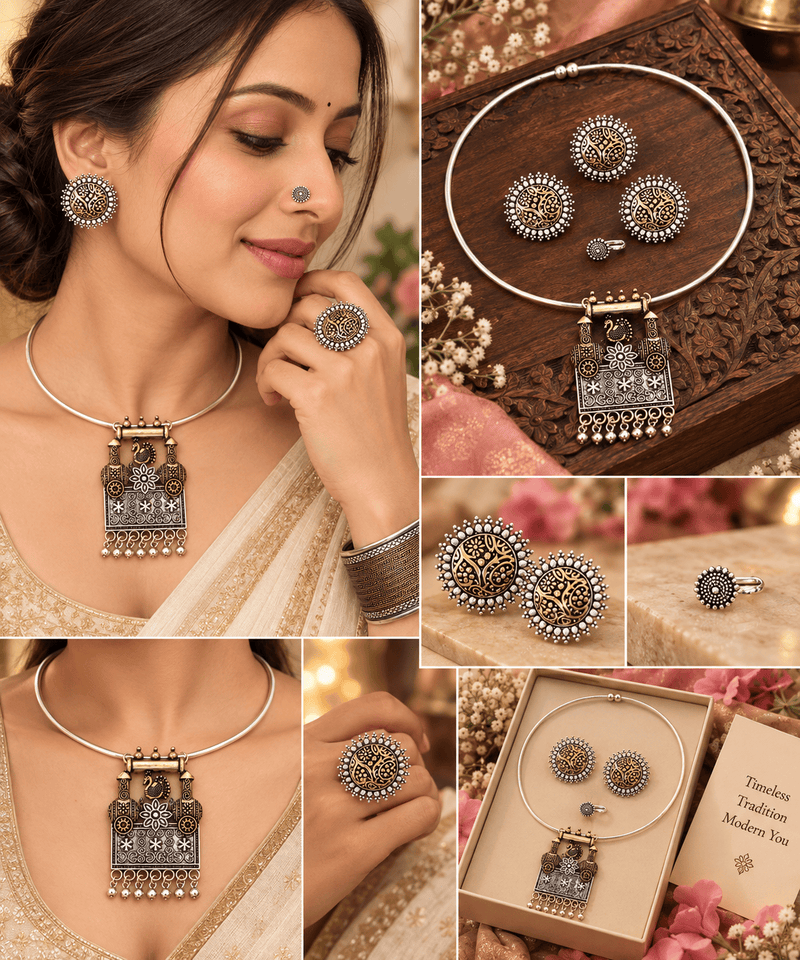 Aroshika Premium Dual Tone Hasli Jewellery Set with Oxidised Earrings, Adjustable Nose Pin, Statement Ring & Wide Bangle – Traditional Indian Ethnic Jewellery Combo