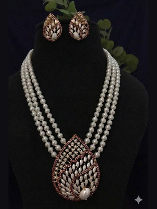 Pragati Real Freshwater Pearl & Shell Pearl Triple-Layer Necklace Set with Statement Pendant