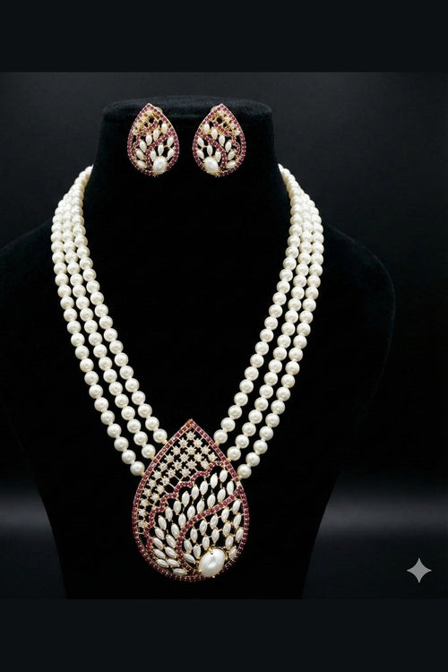 Pragati Real Freshwater Pearl & Shell Pearl Triple-Layer Necklace Set with Statement Pendant