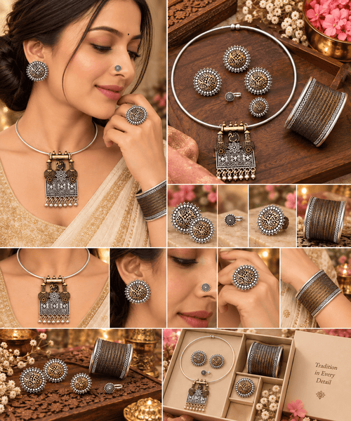 Aroshika Premium Dual Tone Hasli Jewellery Set with Oxidised Earrings, Adjustable Nose Pin, Statement Ring & Wide Bangle – Traditional Indian Ethnic Jewellery Combo