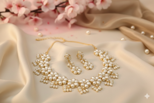 Real Pearl Gaurangi Flower Design Sleek Set - Aganya Kreation