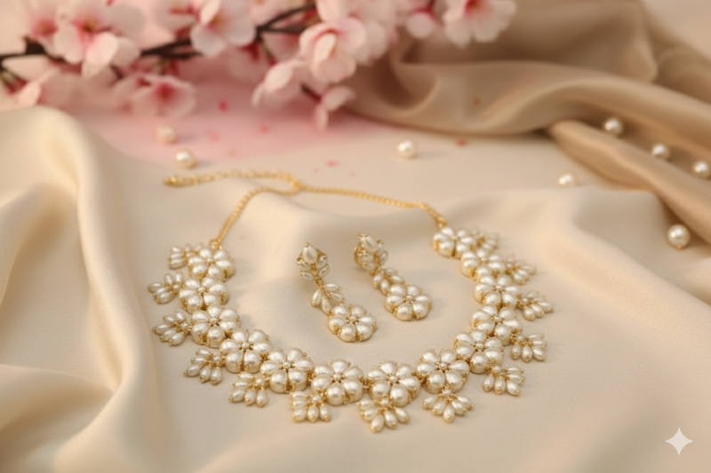 Real Pearl Gaurangi Flower Design Sleek Set - Aganya Kreation