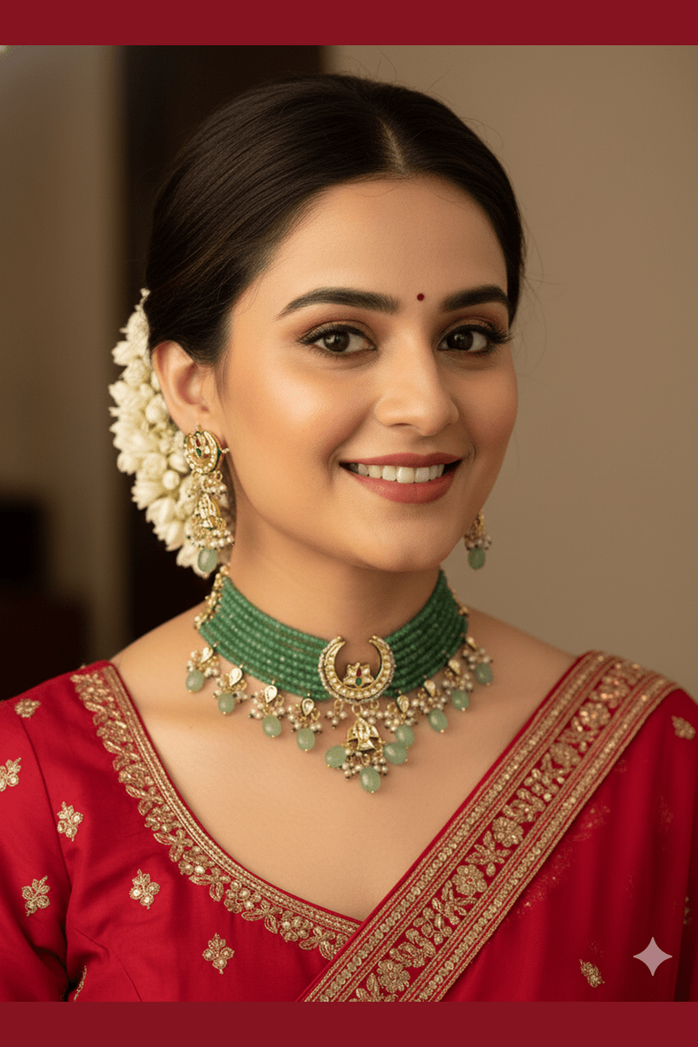 Elegant Emerald Green Kundan Choker Set with Pearl Droplets
