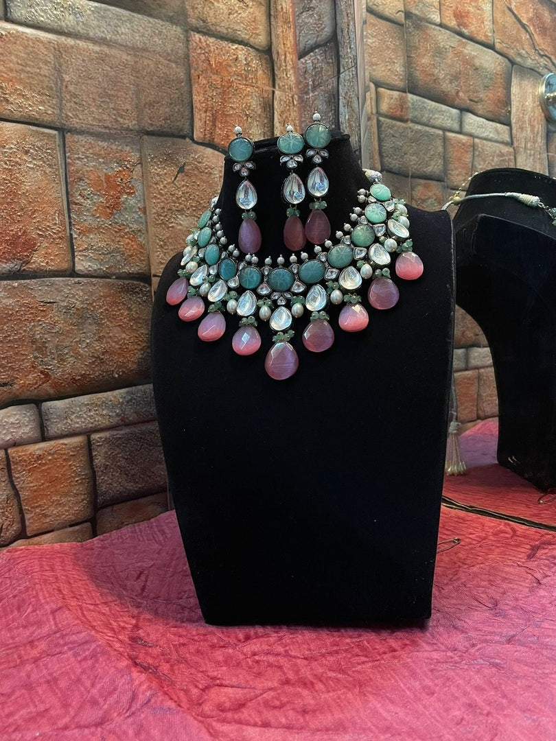 "Rani Necklace"Natural Stone Set in Polki with Carved Stone