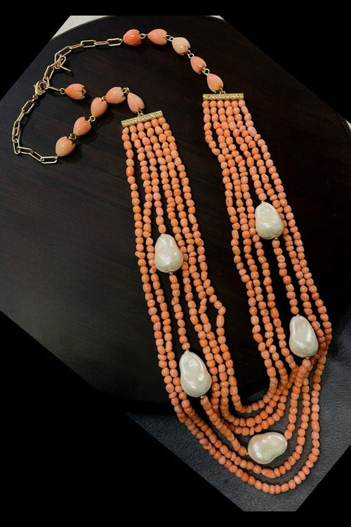 Real pearl coral bead mala