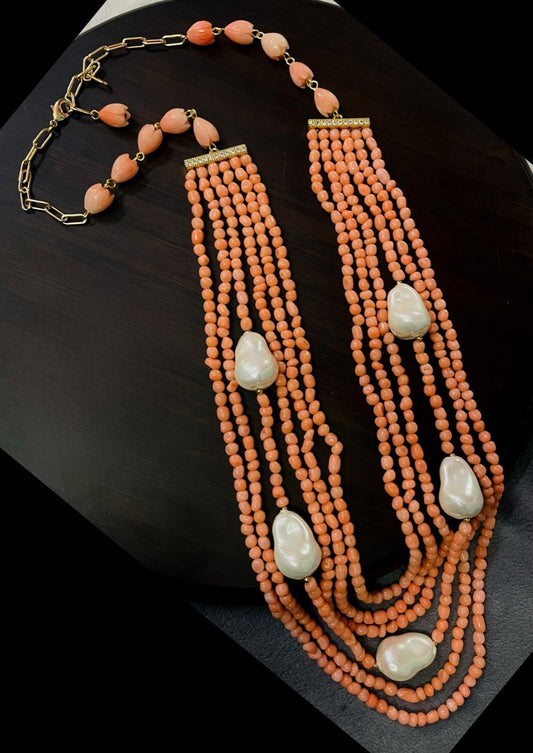 Real pearl coral bead mala