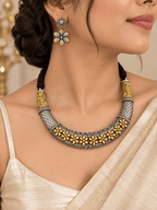 Tribal Floral Hasli Necklace Set with Earrings – Oxidized Silver & Gold German Silver Jewellery