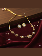Shikha Elegant Gold-Plated Polki Kundan & Pearl Choker Set with Matching Stud Earrings