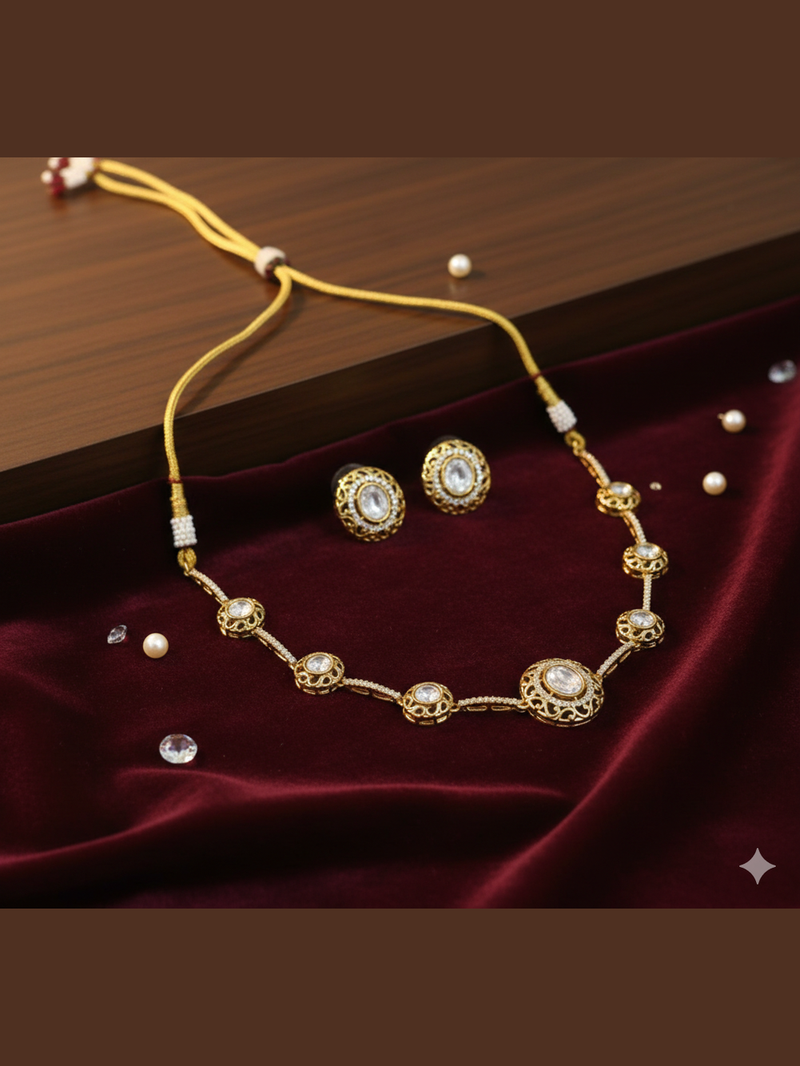 Shikha Elegant Gold-Plated Polki Kundan & Pearl Choker Set with Matching Stud Earrings