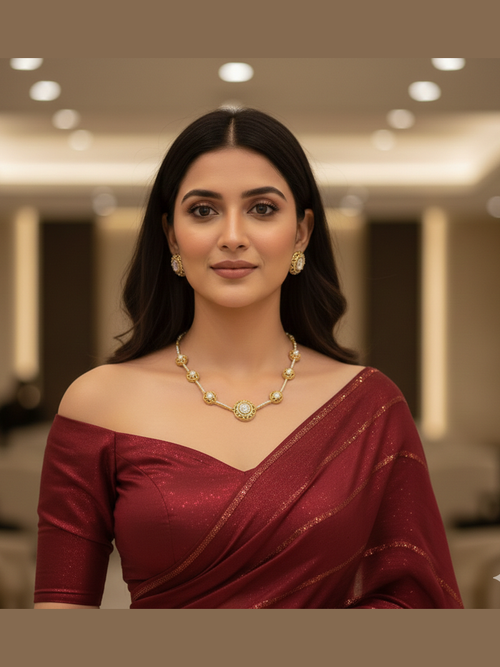 Shikha Elegant Gold-Plated Polki Kundan & Pearl Choker Set with Matching Stud Earrings