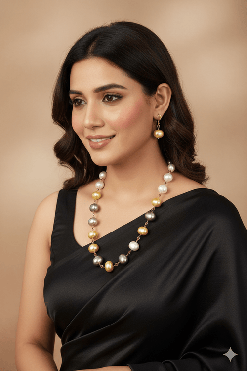 Sonalika Mala Set - Elegant Brass Jewelry with Shell Pearls