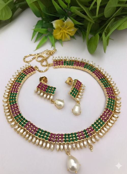 Shreevika Real Pearl Cz Necklace Set