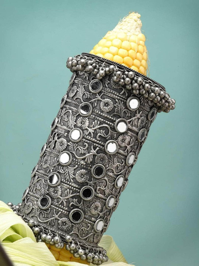 Ramila Silver-Plated Mirror Studded Oxidised Long Cuff Bracelet