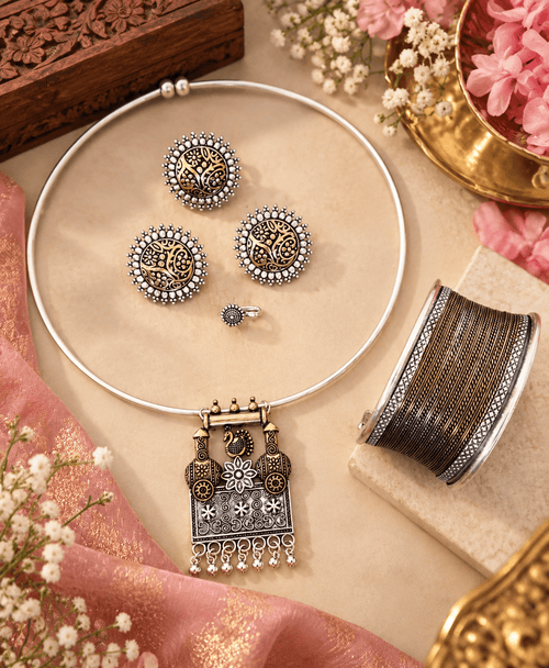 Aroshika Premium Dual Tone Hasli Jewellery Set with Oxidised Earrings, Adjustable Nose Pin, Statement Ring & Wide Bangle – Traditional Indian Ethnic Jewellery Combo