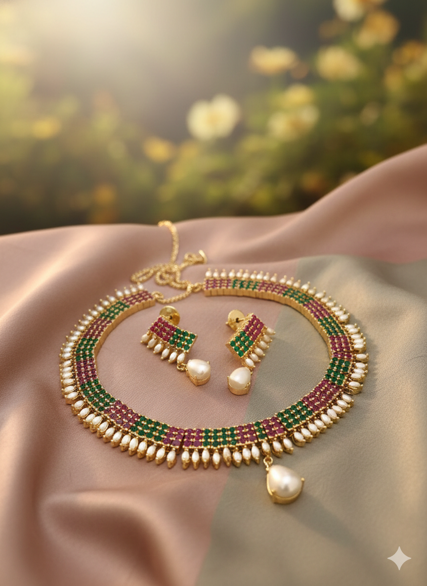 Shreevika Real Pearl Cz Necklace Set