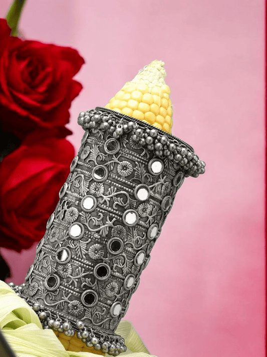 Ramila Silver-Plated Mirror Studded Oxidised Long Cuff Bracelet
