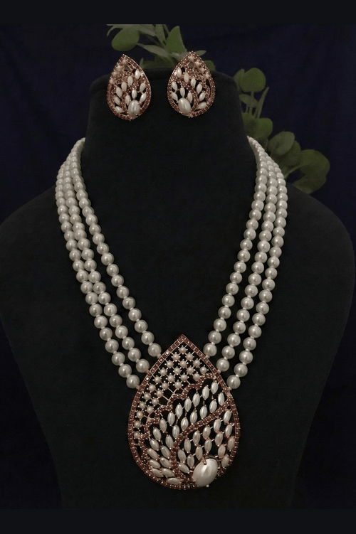 Pragati Real Freshwater Pearl & Shell Pearl Triple-Layer Necklace Set with Statement Pendant