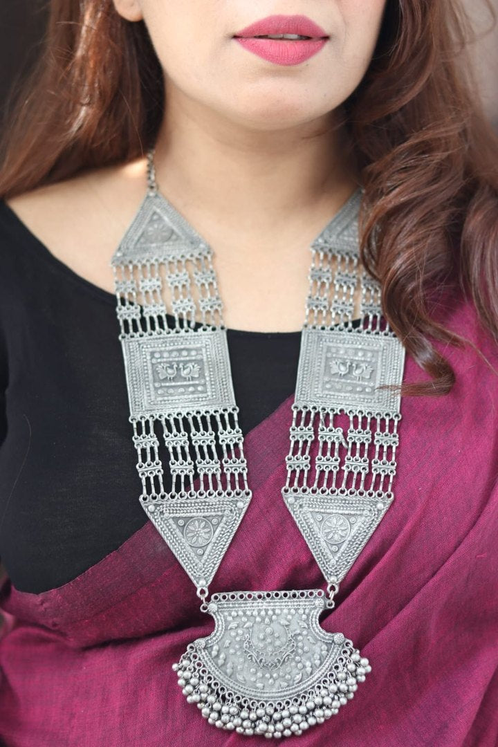 Aadya Navratri Special Long Silver Lookalike Necklace