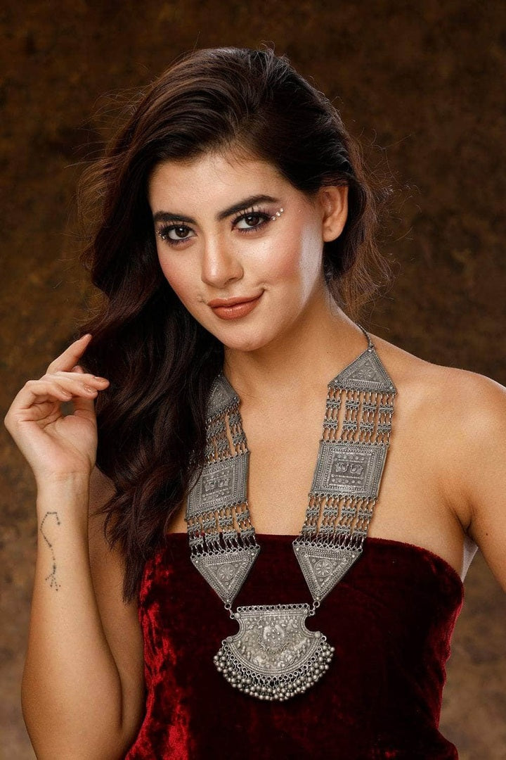 Aadya Navratri Special Long Silver Lookalike Necklace