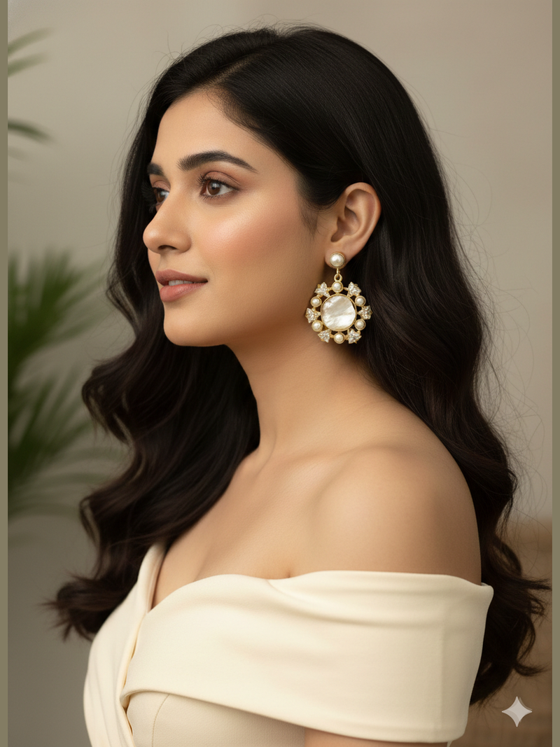 Camla Elegant Handcrafted Baroque Pearl & Polki Kundan Earrings