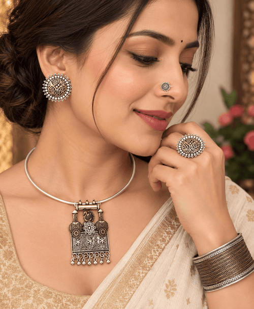 Aroshika Premium Dual Tone Hasli Jewellery Set with Oxidised Earrings, Adjustable Nose Pin, Statement Ring & Wide Bangle – Traditional Indian Ethnic Jewellery Combo