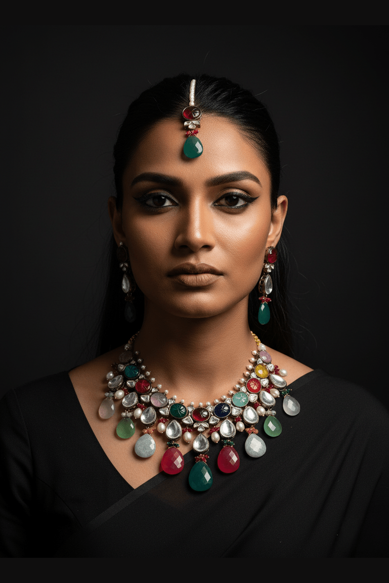 "Rani Necklace"Natural Stone Set in Polki with Carved Stone