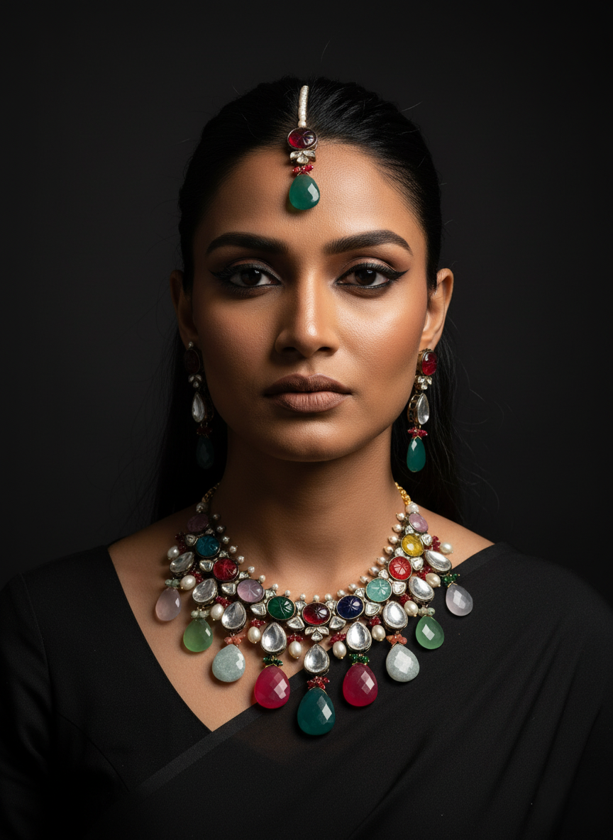 "Rani Necklace"Natural Stone Set in Polki with Carved Stone