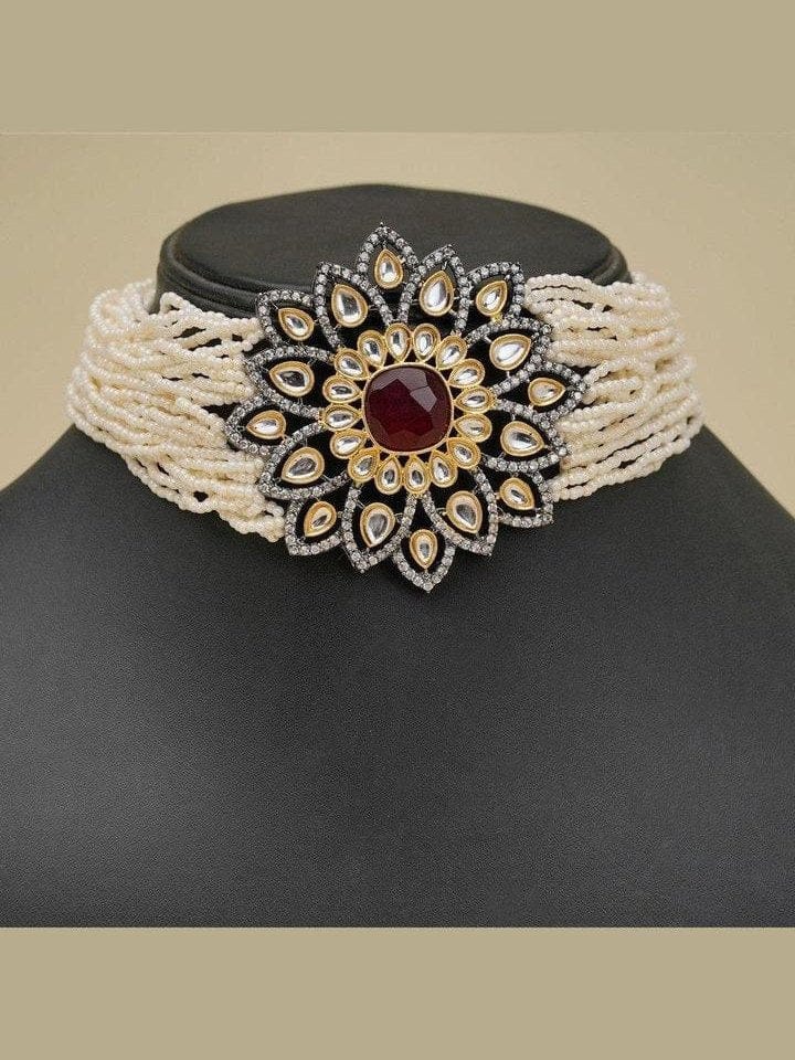 Aganya kreation Bridal Set Era Set - Ethnic & Western Jewelry with Kundan and Ruby Stones Maroon red and white