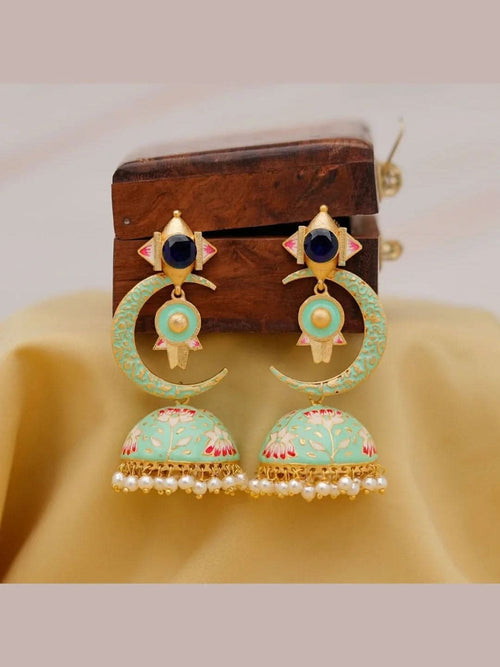 Aganya kreation Earrings Half Moon Jhumki - Elegant Chand Jhumki Jewelry Mint green and blue stone