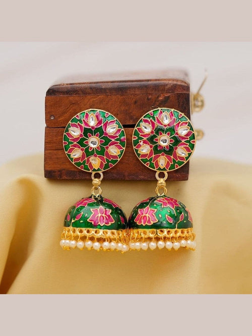 Aganya kreation Earrings Lotus Earing - Exquisite Meenakari & Brass Jewelry Dark Green & Rani