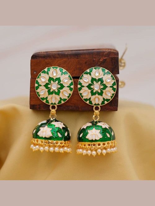 Aganya kreation Earrings Lotus Earing - Exquisite Meenakari & Brass Jewelry Dark green & white