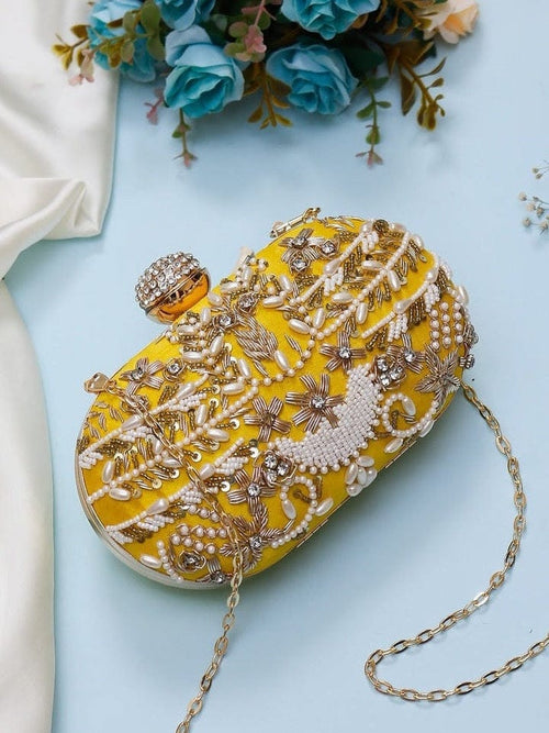 Aganya kreation Saanaya Clutch - Elegant Embroidered Oval Design Yellow